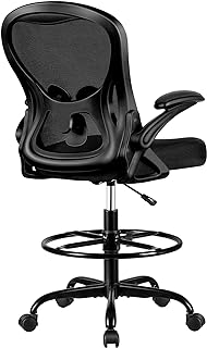 Drafting Chair, Tall Office Chair Ergonomic Standing Desk Chair, Lumbar Support Computer Chair Swivel Task Rolling Chair with Adjustable Flip-up Armrests & Foot Ring (Black)