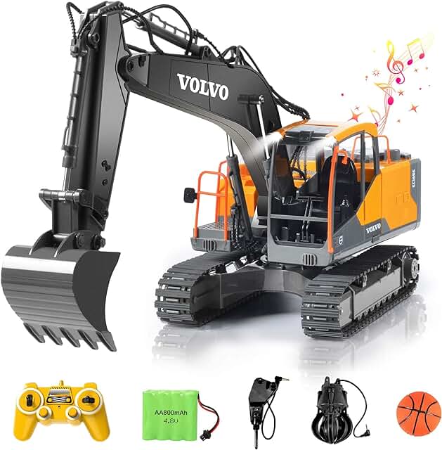 DOUBLE E Volvo RC Excavator 17 Channel 3 in 1 Construction Toys, 17 Channel Remote Control Vehicles Tractor Sandbox Toys Digger with Metal Shovel Drill Grab RC Truck for Kids Adults