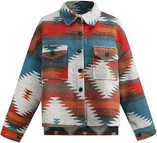COWOKA Women\'s Vintage Aztec Print Pattern Loose Shacket Button Down Long Sleeve Woolen Jacket Shirts Coat