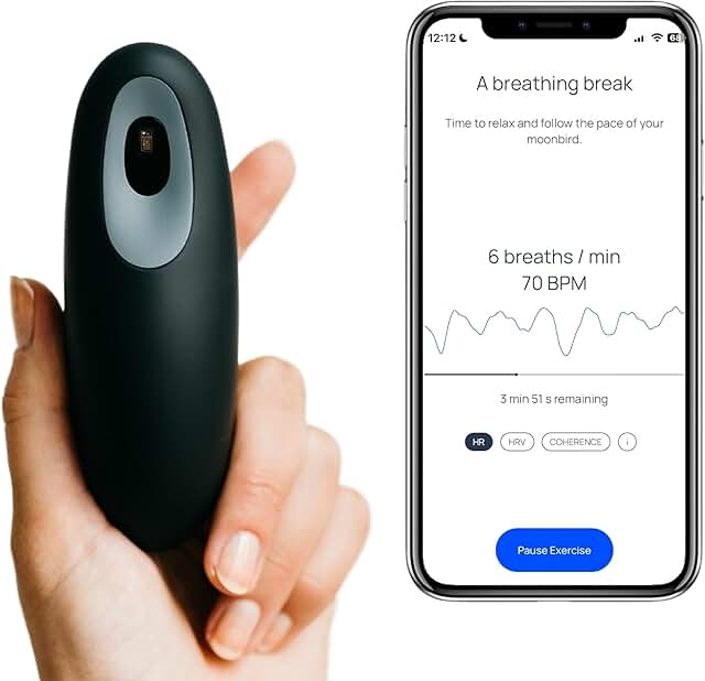 Moonbird Breathing & Meditation Device - Instant Stress Relief, Anxiety Relief, Relaxation for Women & Men - Helps with Better Sleep, Stress, and Overall Health- Biofeedback Device - Black Grey