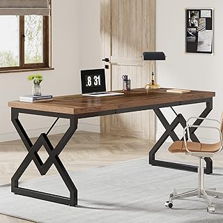63-inch Executive Desk, Large Office Computer Desk with Extra Thick Wooden Tabletop and Metal Frame, Modern Simple Workstation Writing Table Study Desk for Home Office, Vintage Brown