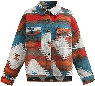 COWOKA Women\'s Vintage Aztec Print Pattern Loose Shacket Button Down Long Sleeve Woolen Jacket Shirts Coat