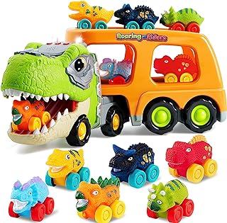 JOYIN Dinosaur Truck Toys for Kids, Kids Toys Boys Age 3 4 5, Dinosaur Car Carrier Truck Toy with 6 Rubber Car Vehicles, Toddler Birthday Gifts with Music & Lights for 3 4 5 Year Old Boys