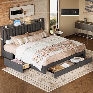 King Size Bed Frame with Storage Headboard and Charging Station, Upholstered Platform Bed with 3 Drawers, No Box Spring Needed, Easy Assembly, Grey