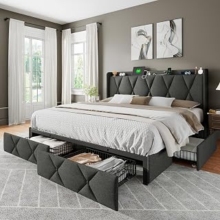 King Bed Frame with 4 Storage Drawers, Upholstered Button Tufted Storage Headboard with Fast Charging Station, Heavy Duty Slats Support, No Box Spring Needed, Noise-Free, Dark Grey