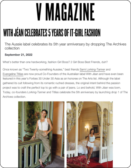 V Magazine article celebrating With Jéan's 5 years of fashionable clothing, featuring two photos of models.