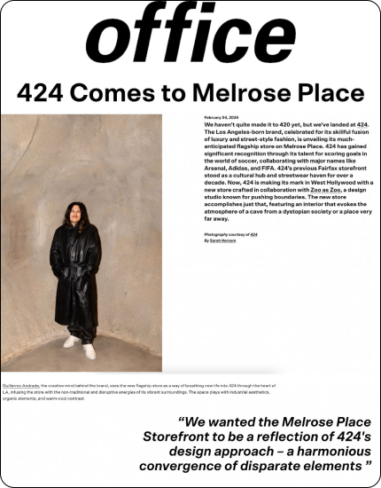 Man in black leather trench coat and white shoes stands in corner with text about 424 opening at Melrose Place.