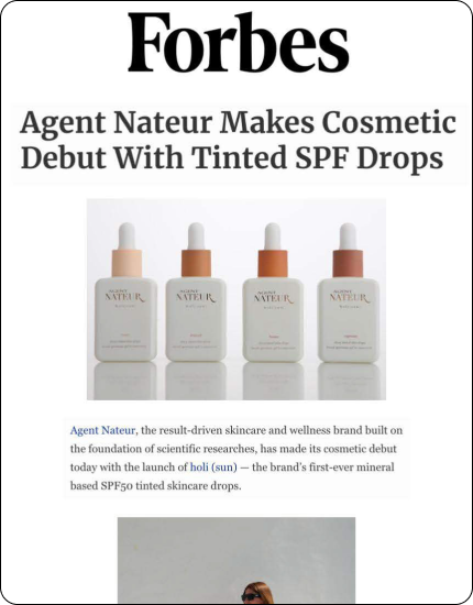 Forbes article headline about Agent Nateur's tinted SPF drops with an image of four bottles.