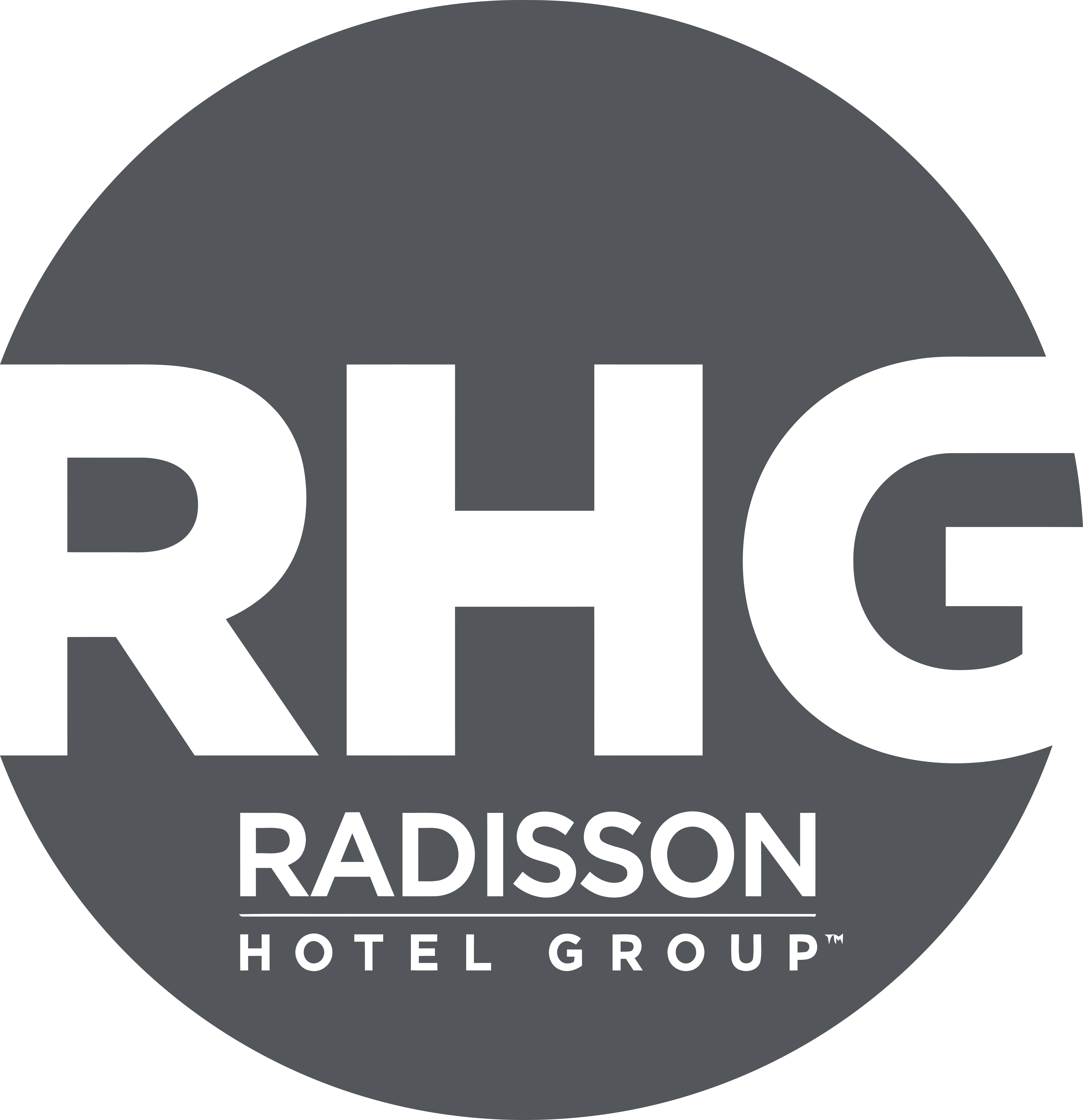 Radisson Hotel Group logo with bold RHG letters and the name below inside a gray circle.