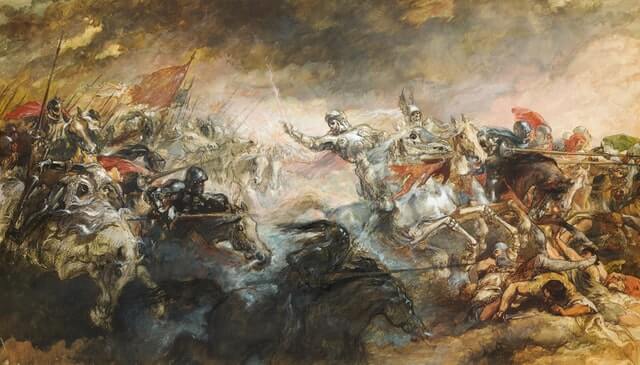 people riding horses in a forest painting