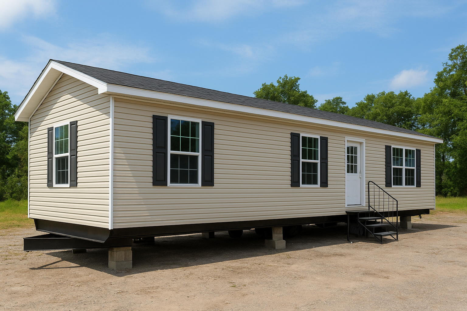 HUD-code manufactured home with steel chassis installed on concrete blocks.