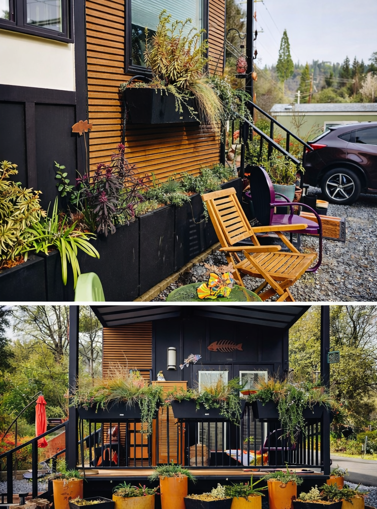 Photo: Clever 1 porch layered with colorful planters and railing-mounted greenery.