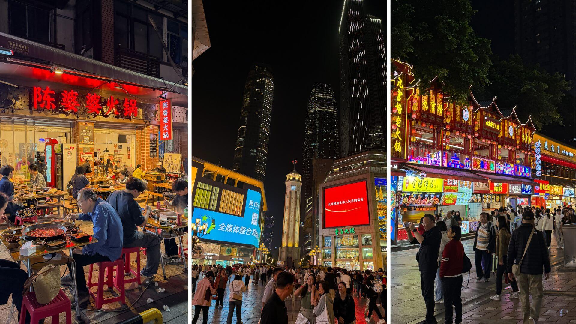Jiefangbei Street bei Nacht mit vielen Menschen