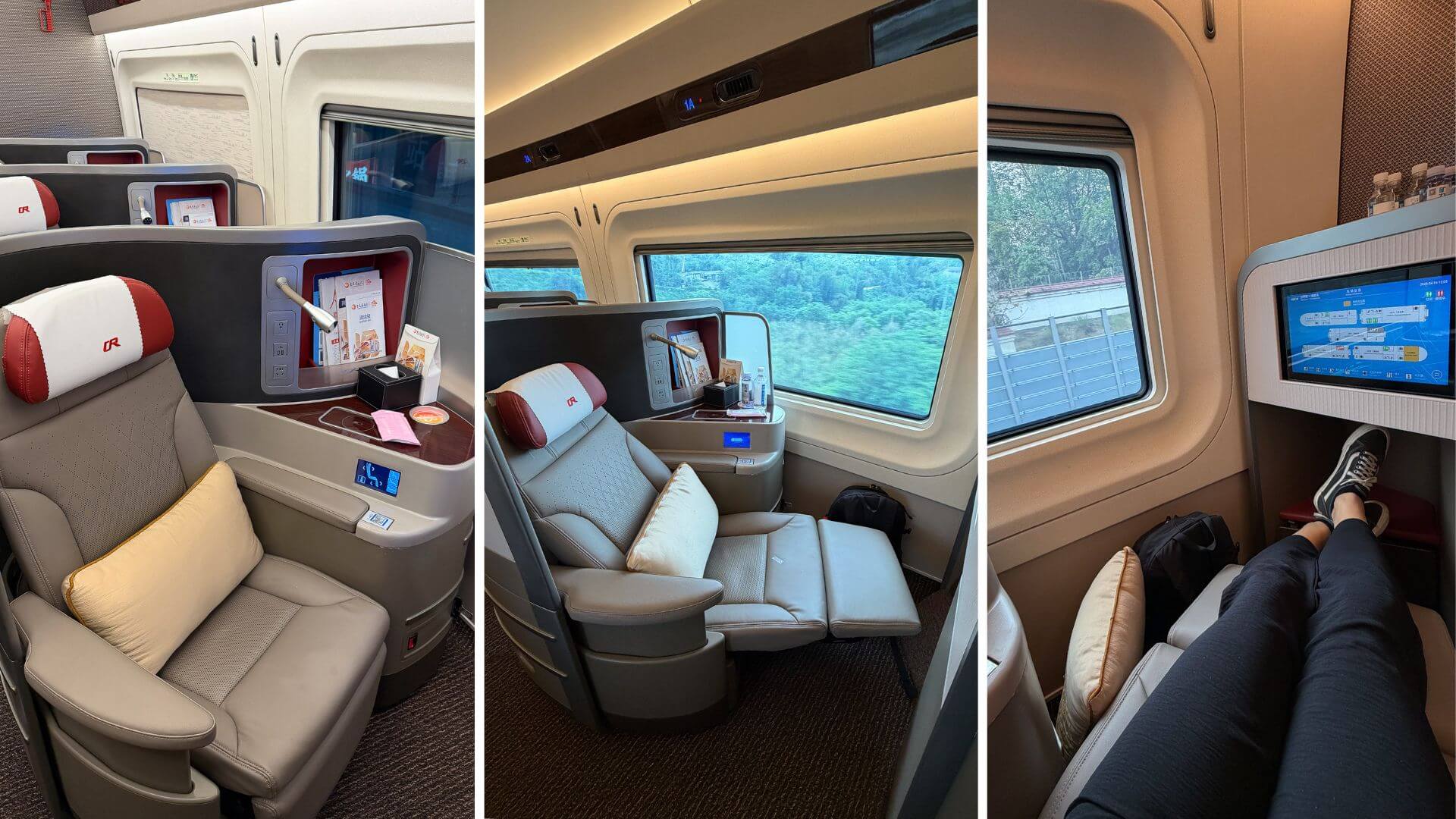 Moderne Zugkabine China: Komfortabel ausgestattete Business-Class-Sitze mit Tablet-Bildschirmen, Kissen und Aussicht auf grüne Landschaft während der Zugfahrt