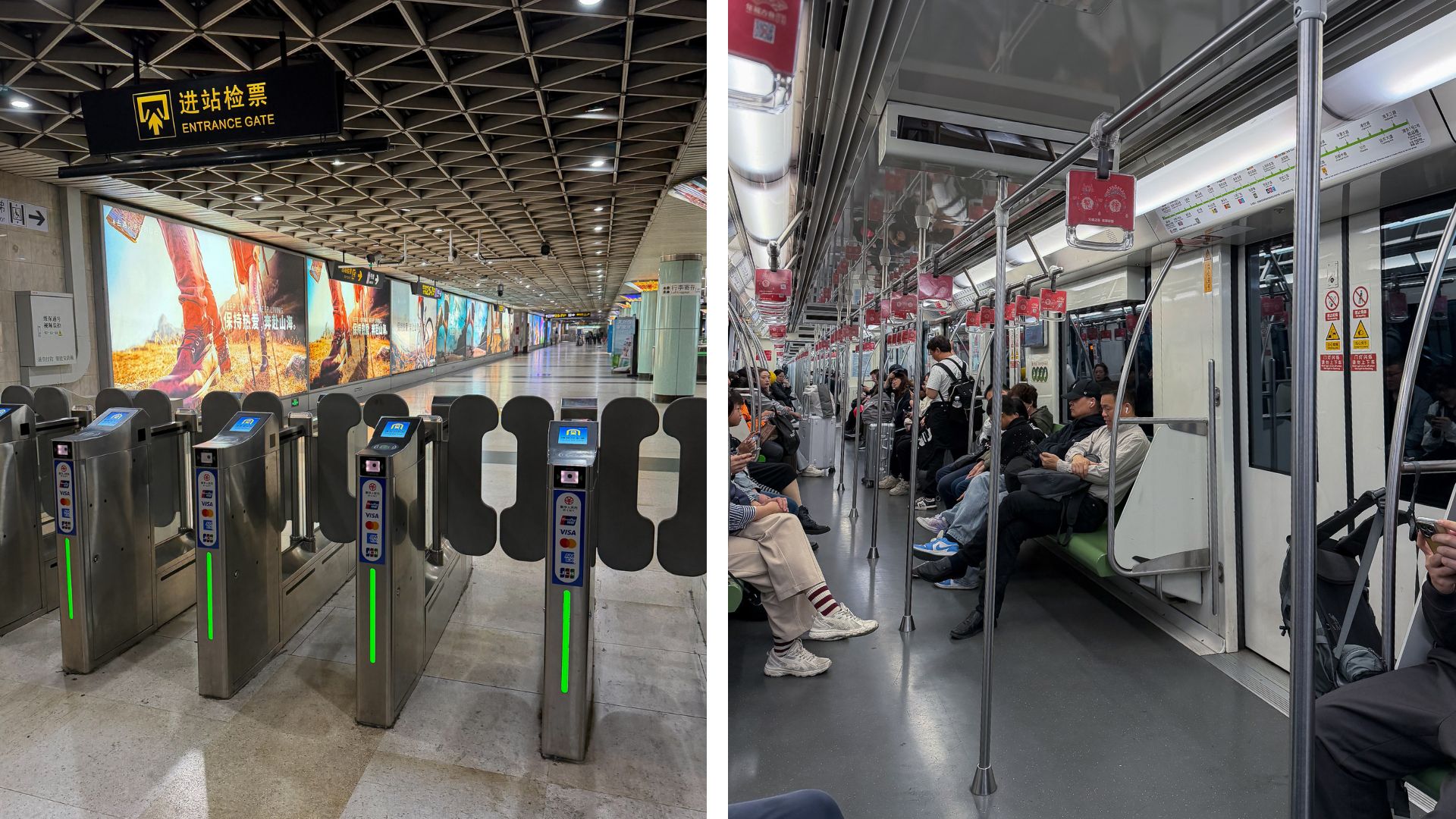 Chinesische Shanghai Metro Bahnsteig: Grüne U-Bahn mit Sicherheitsmarkierung, wartende Passagiere und Informationstafel in chinesischer Sprache – modernes Transportsystem