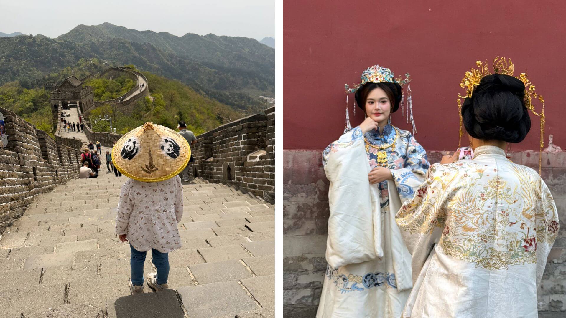 China-Reise mit Kind an der Chinesischen Mauer und Frauen in traditioneller chinesischer Kleidung
