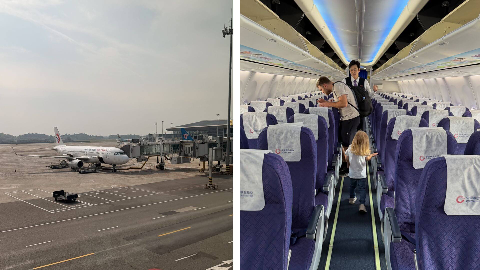 Flughafen in China mit Passagierflugzeug und Blick in die Kabine einer chinesischen Airline
