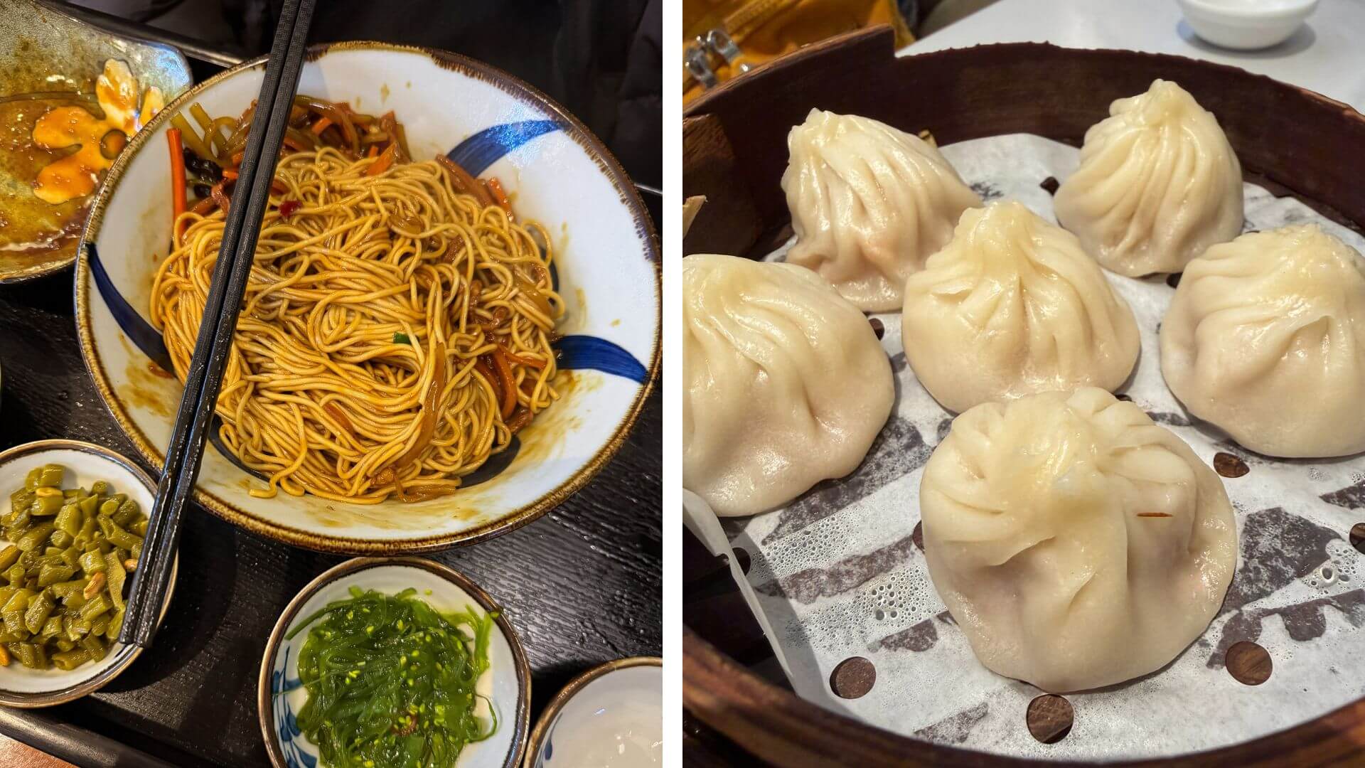 Chinesisches Essen mit gebratenen Nudeln, Beilagen und frisch gedämpften Baozi-Teigtaschen