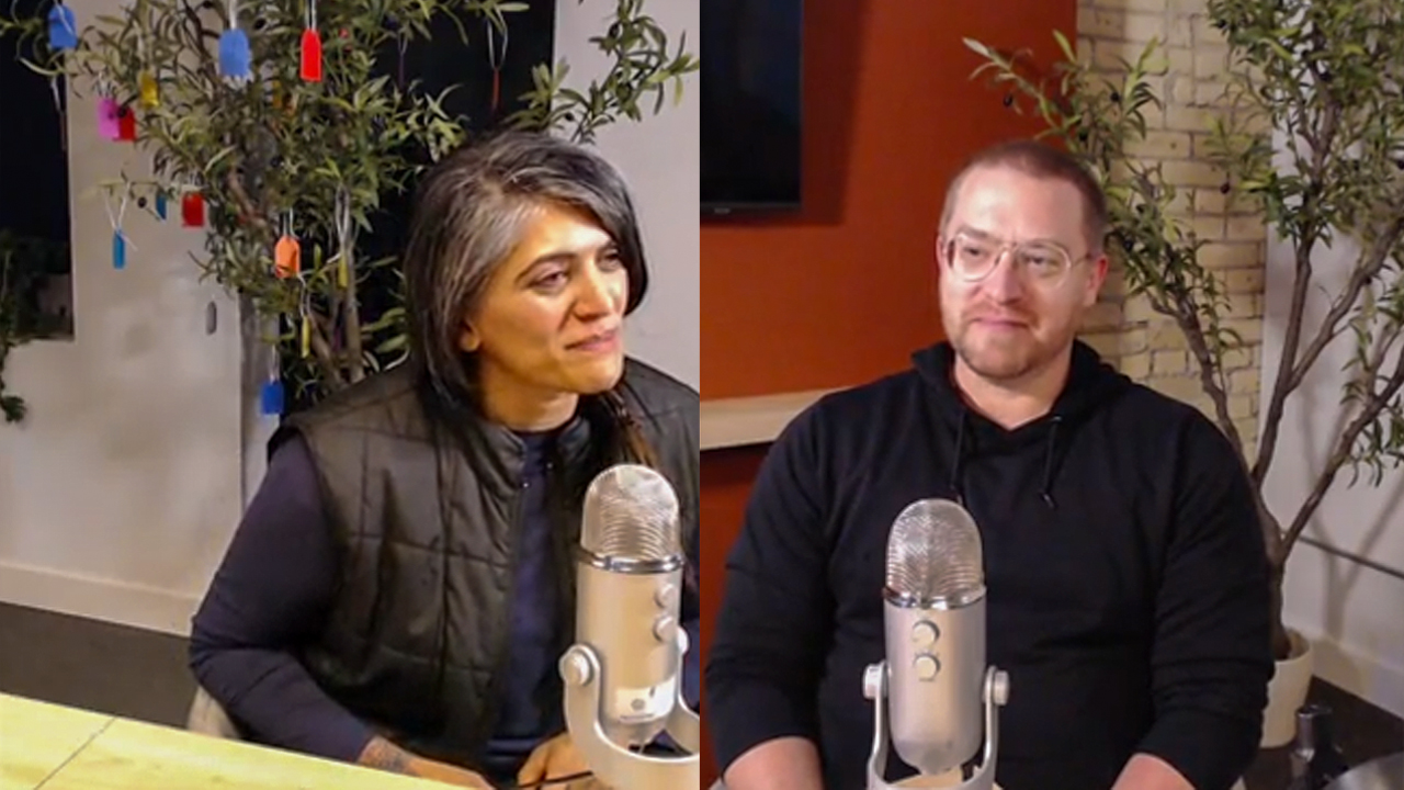 Steve Locke and Somia Sadiq at a podcast recording.