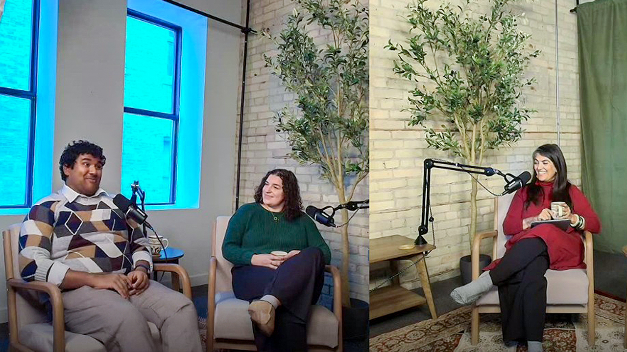 Somia, Courtney and Rometh sitting down at a podcast set.
