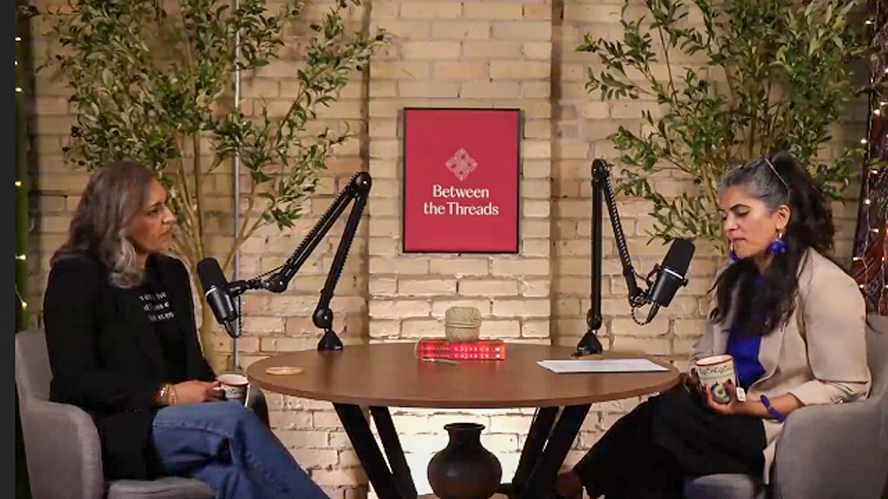 Isha Khan and Somia Sadiq at a podcast recording.