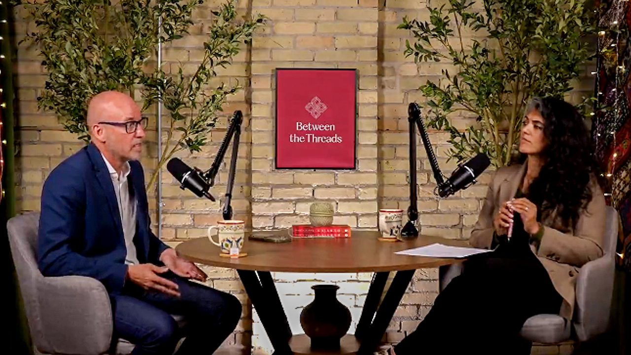 Donovan Toews and Somia Sadiq at a podcast recording.
