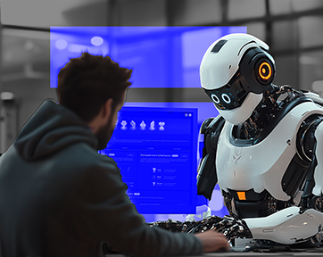 Three colleagues smiling while looking at a computer screen