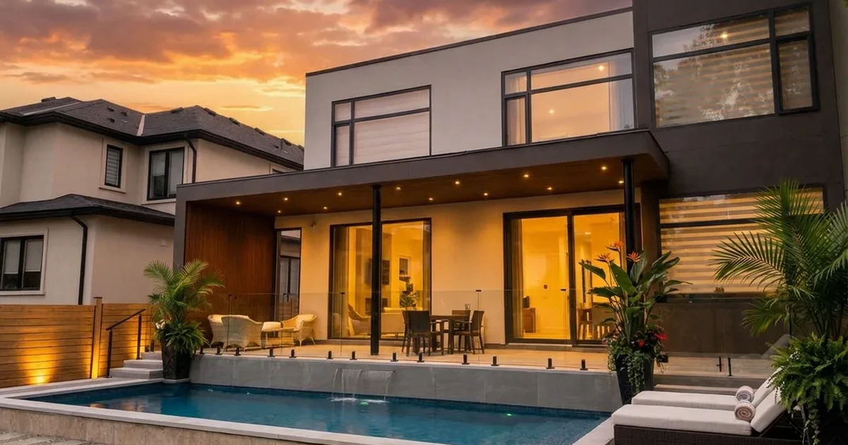 Luxury backyard pool installation at golden hour with modern home and sunset sky — Nebo's Pools portfolio