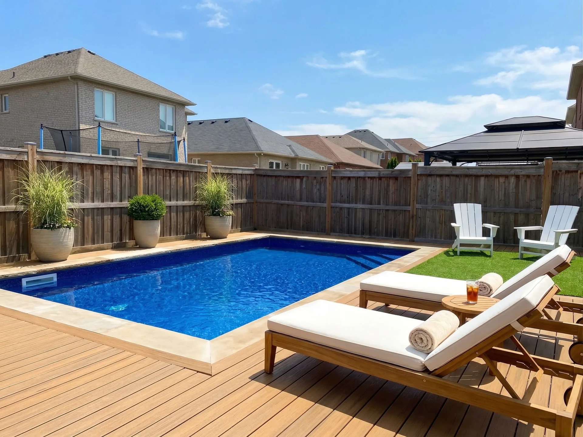 Completed vinyl pool with composite decking loungers and Adirondack chairs in Bradford Ontario backyard