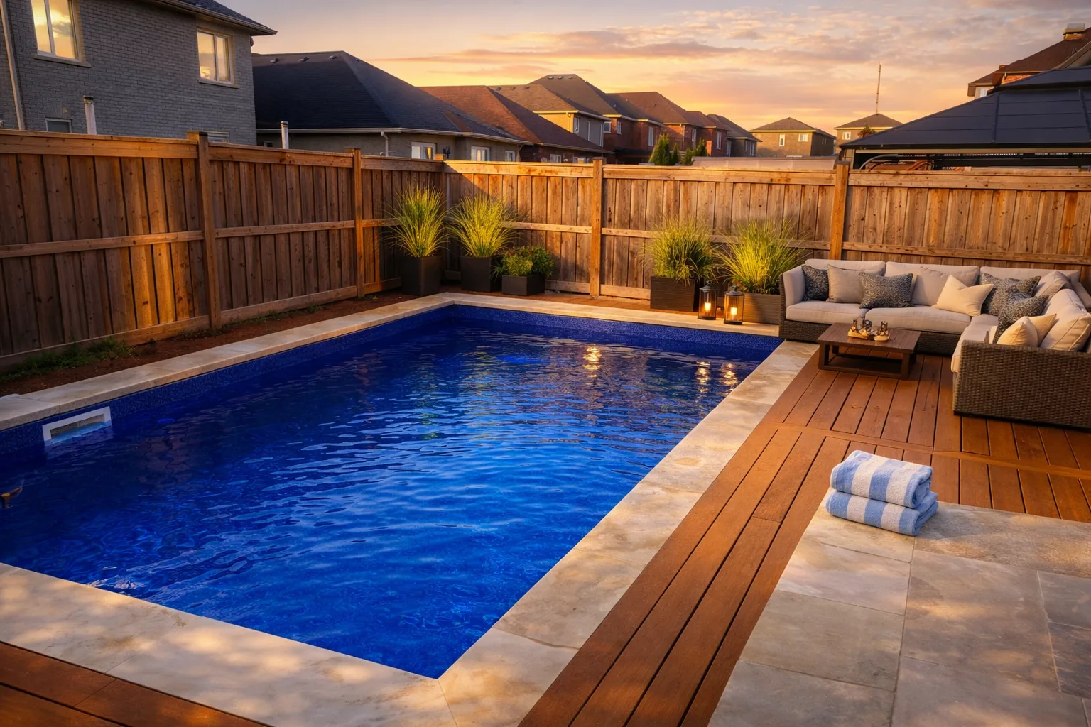Vinyl pool at golden hour with sectional sofa and lanterns on composite deck in Bradford