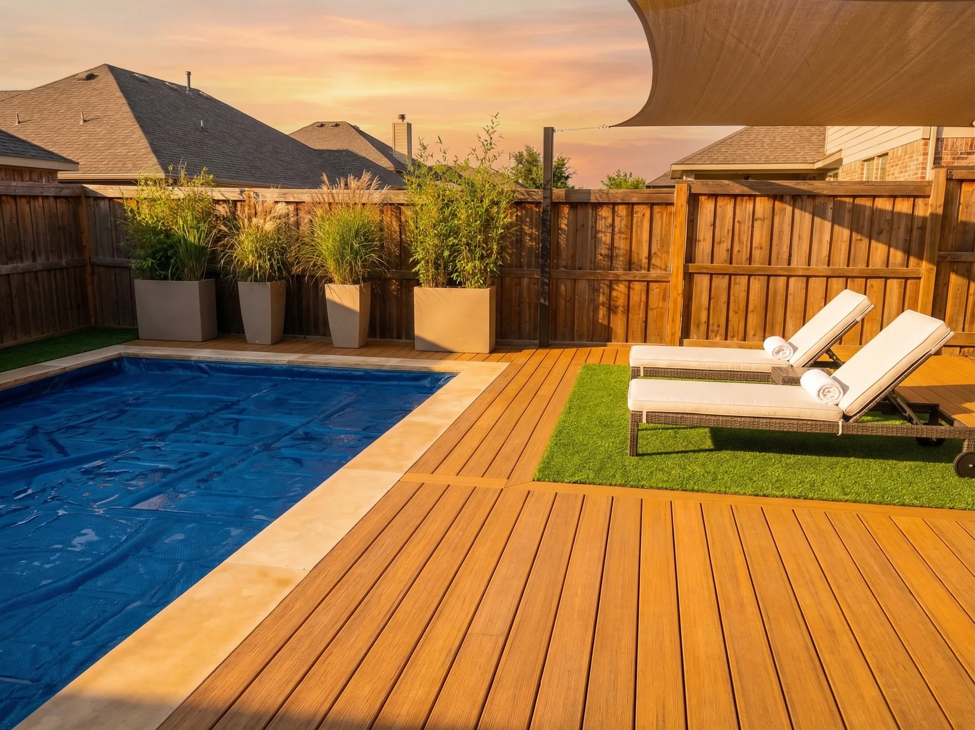 Covered vinyl pool at sunset with loungers shade sail and planters on composite deck Bradford Ontario
