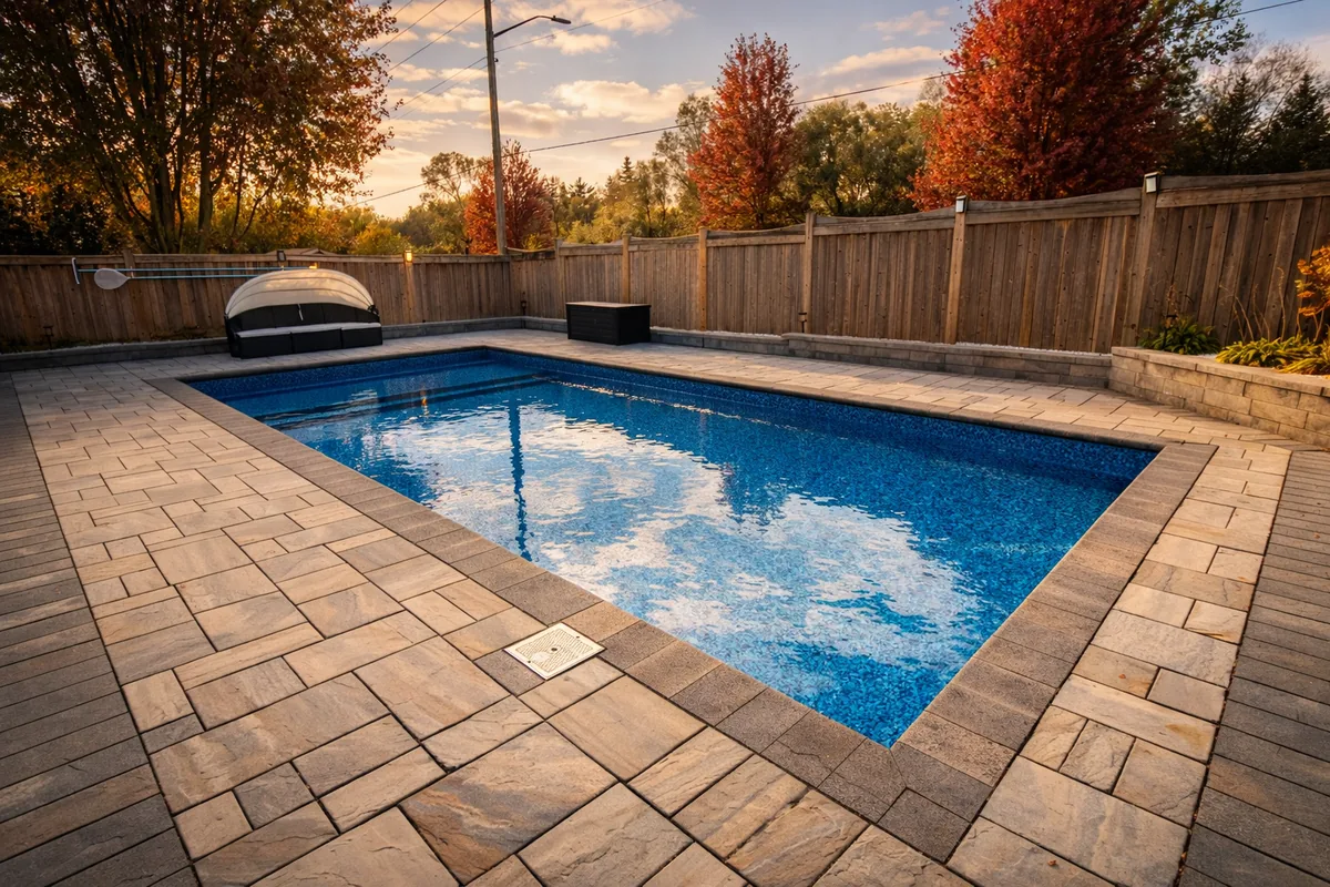 Vinyl pool with premium paver deck and daybed surrounded by autumn trees in Whitby