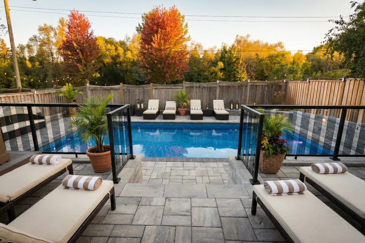 Upper deck lounge with glass railing overlooking vinyl pool in Whitby