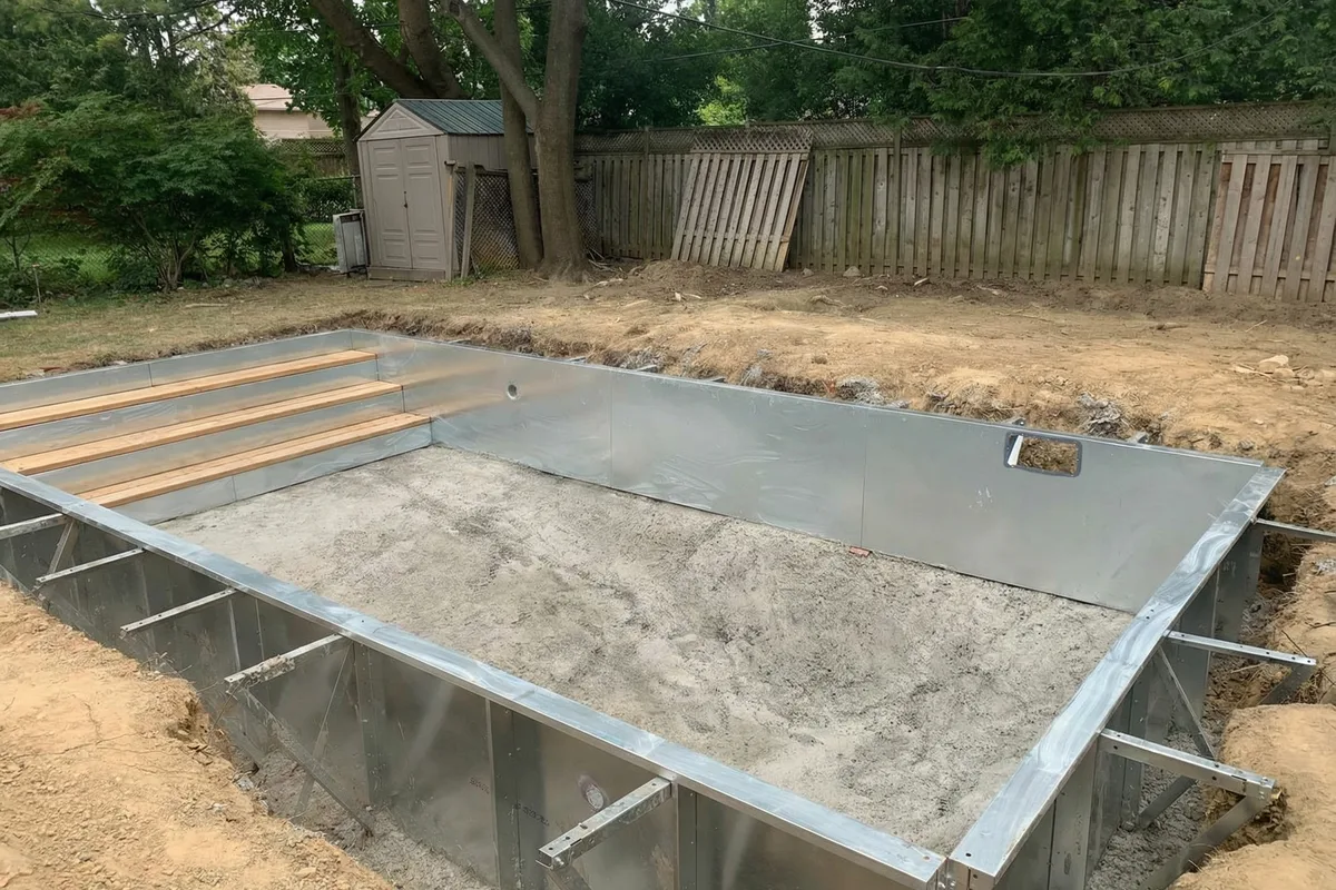Steel wall pool shell during construction for vinyl pool installation in Etobicoke