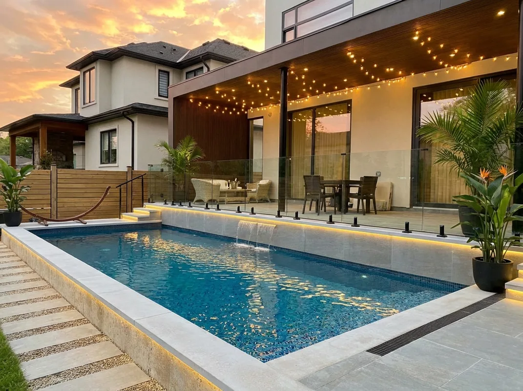 Concrete pool with RGB accent lighting at dusk in Oakville backyard