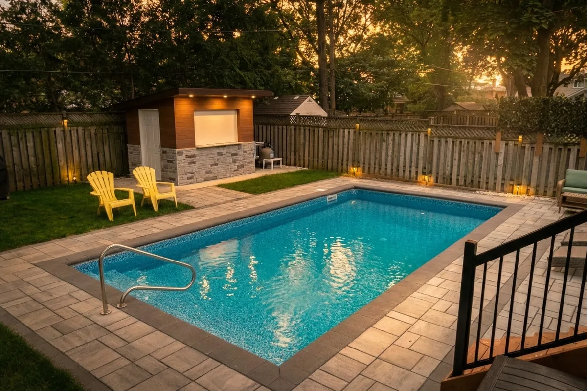 Vinyl pool and bar house with lantern lighting at twilight in Etobicoke