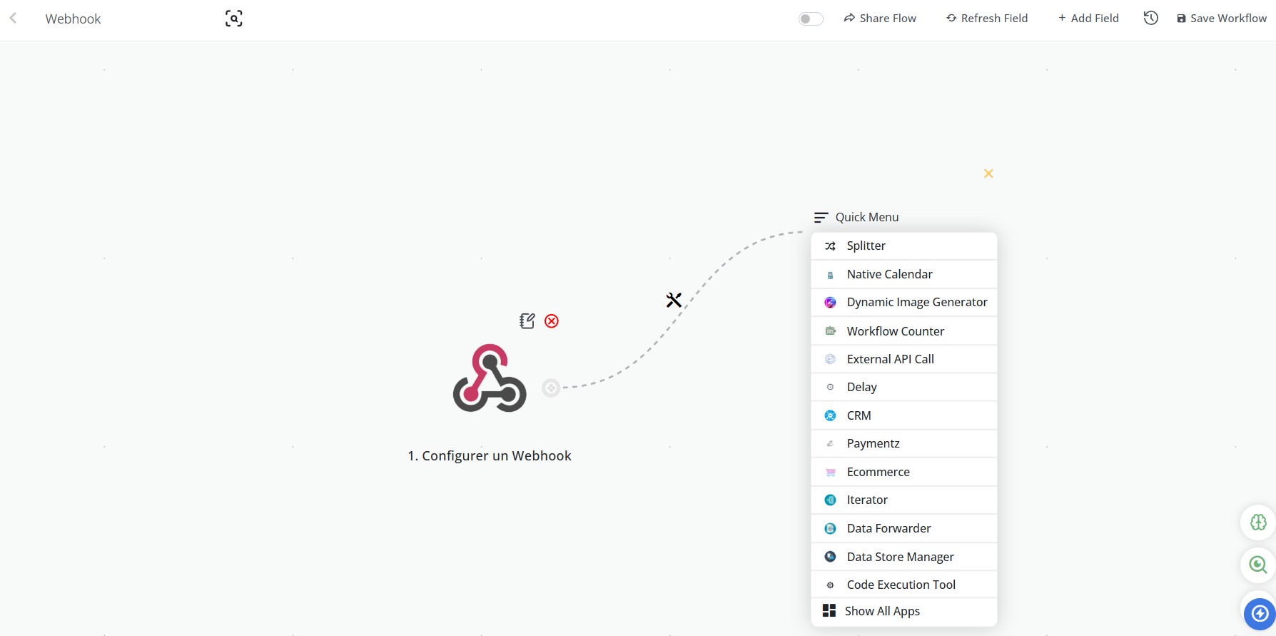 Webhook configuration interface with a central webhook icon labeled '1. Configurer un Webhook' and a Quick Menu panel listing options like Splitter, Native Calendar, Dynamic Image Generator, Workflow Counter, and others.