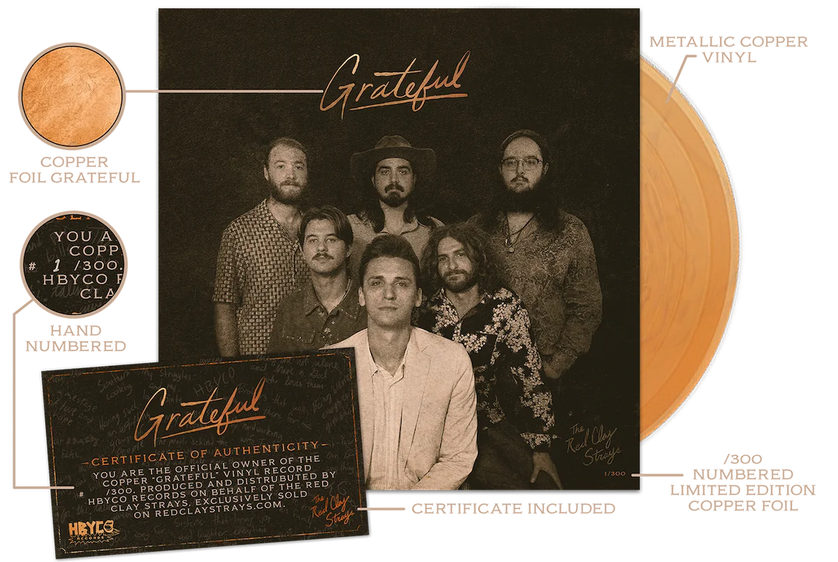 Copper-colored vinyl record with album cover featuring six men and the title 'Grateful,' including a certificate of authenticity for a limited edition 1/300 copy.