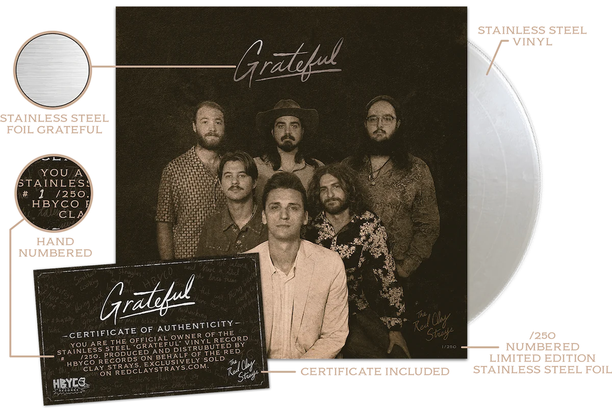 Limited edition Grateful vinyl record album by The Red Clay Strays, featuring a stainless steel disc and certificate of authenticity, numbered 1 of 250.