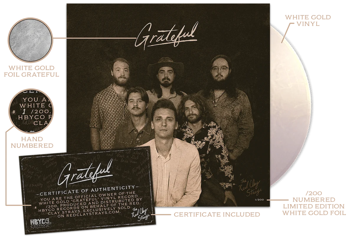 Vinyl record package for Grateful album by The Red Clay Strays featuring a photo of six band members, a white gold vinyl disc, and a certificate of authenticity numbered 1/200.