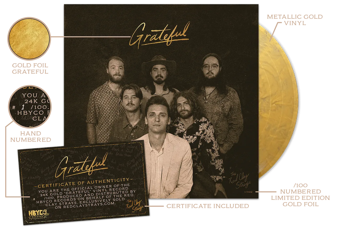 Limited edition 24k gold vinyl record titled 'Grateful' by The Red Clay Strays, featuring the band's photo and authenticity certificate.