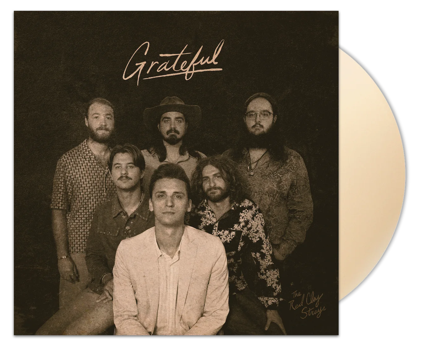 Copper-colored vinyl record with album cover featuring six men and the title 'Grateful,' including a certificate of authenticity for a limited edition 1/300 copy.