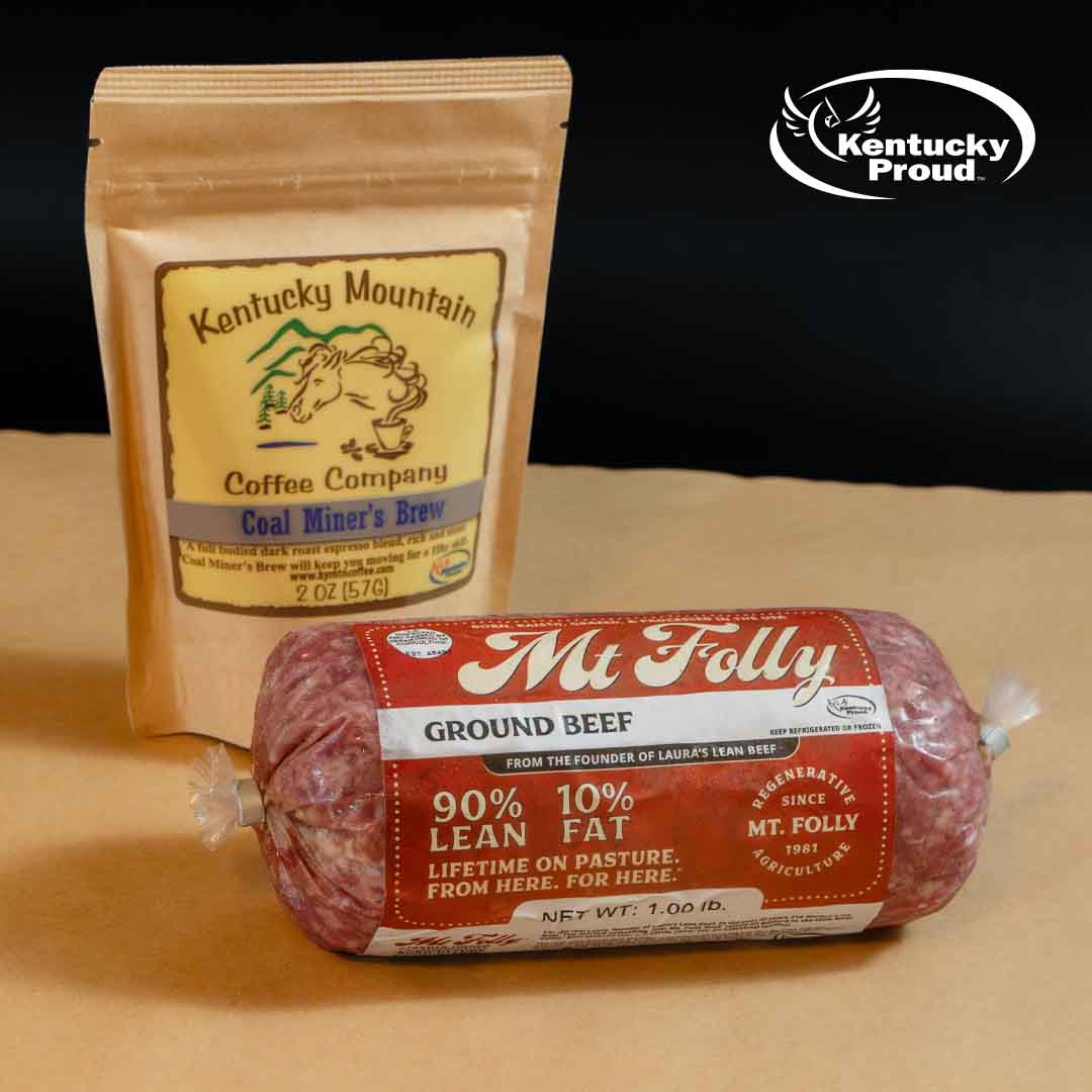 Package of Mt. Folly 90/10 pasture-raised local ground beef alongside Kentucky Mountain Coffee Coal Miner's Brew, featuring the official Kentucky Proud logo.