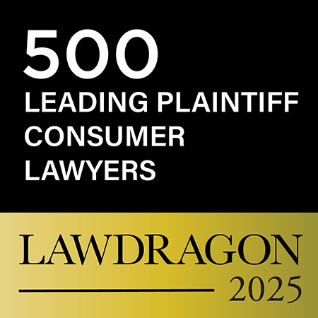 Text on a black and gold background reading: '500 Leading Plaintiff Consumer Lawyers, Lawdragon 2025'.