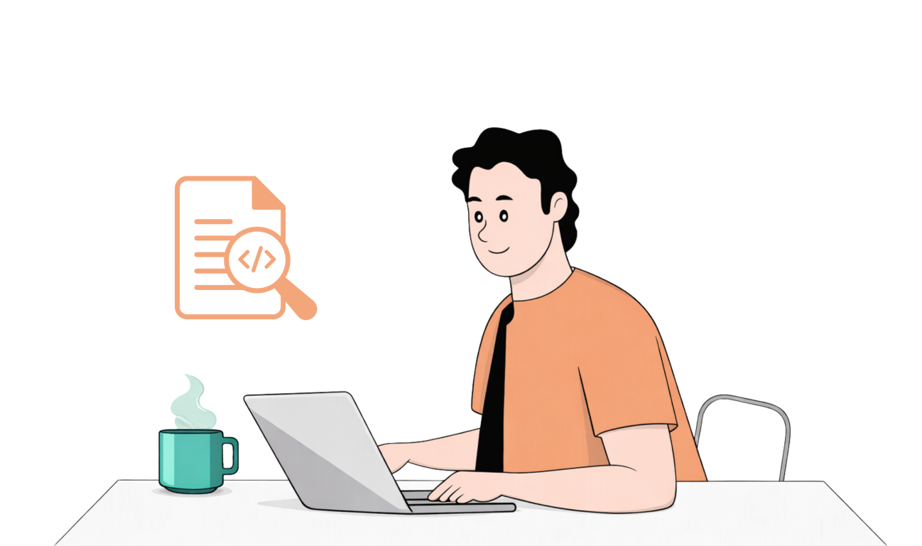 Illustration of a person working on a laptop with a code document icon, representing technical or development work