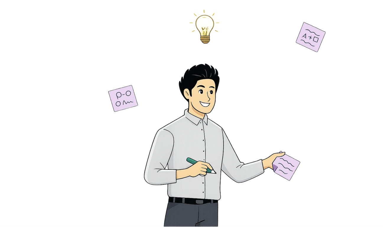 Illustration of a person surrounded by notes and ideas, symbolizing brainstorming or innovation