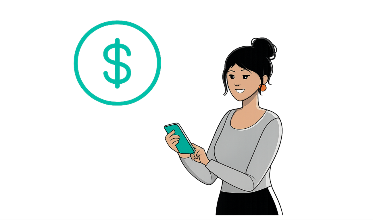 Illustration of a person holding a phone next to a dollar symbol, representing funding or financial support