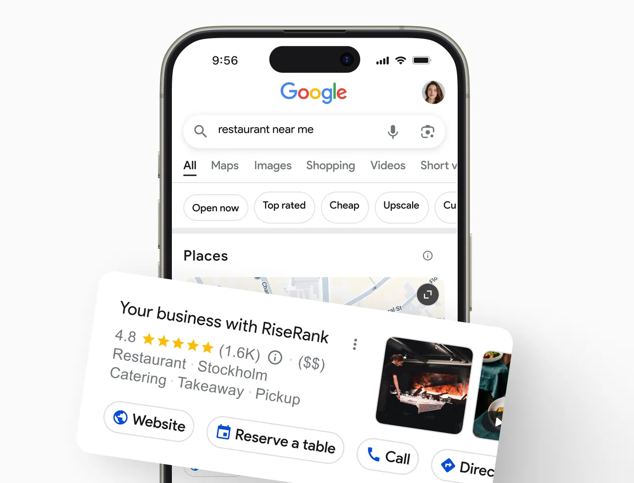Smartphone showing Google search for 'restaurant near me' with a business listing for RiseRank restaurant in Stockholm rated 4.8 stars and options to visit website, reserve a table, or call.