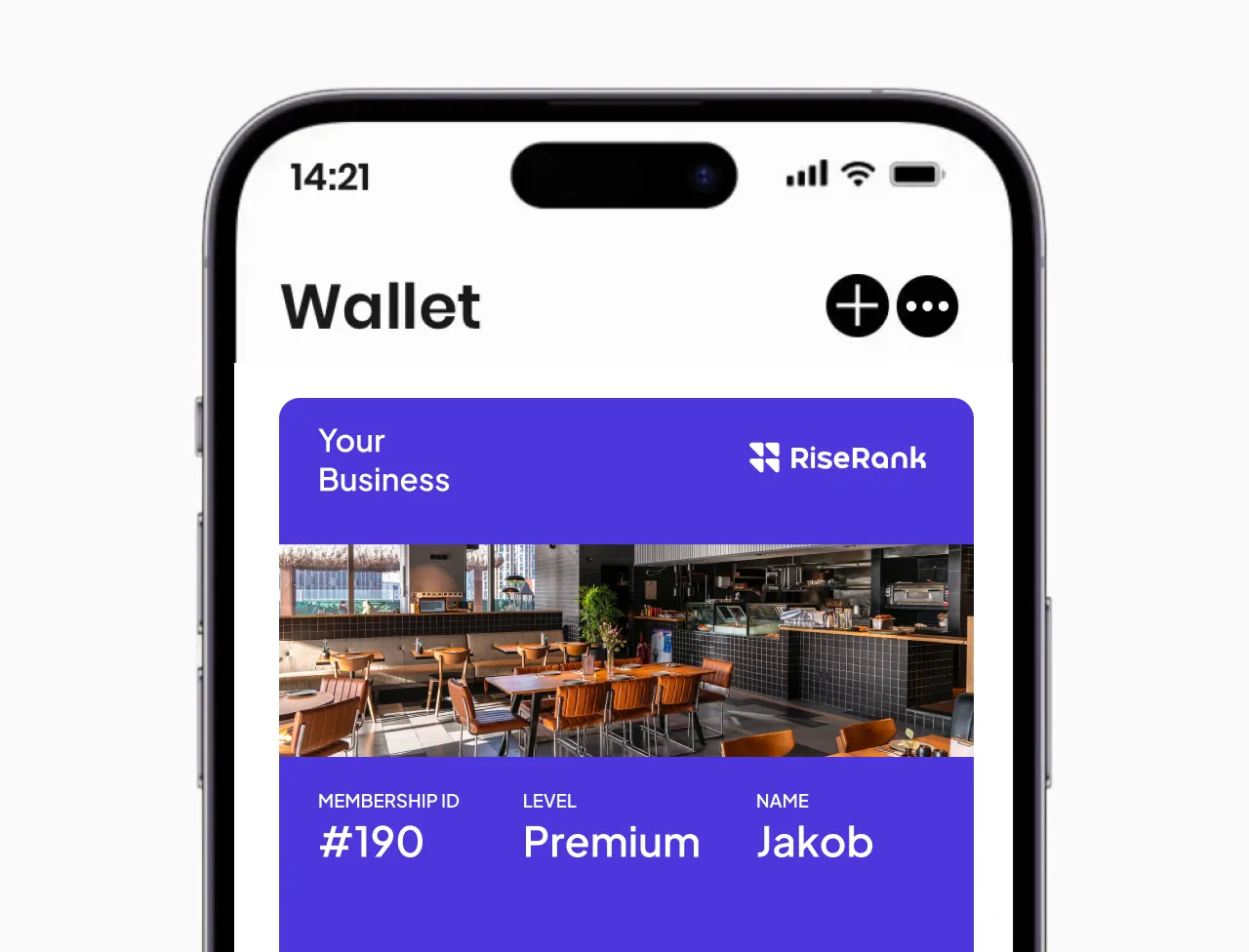 Smartphone screen showing a digital wallet app with a RiseRank membership card for business, membership ID #190, level Premium, and name Jakob.