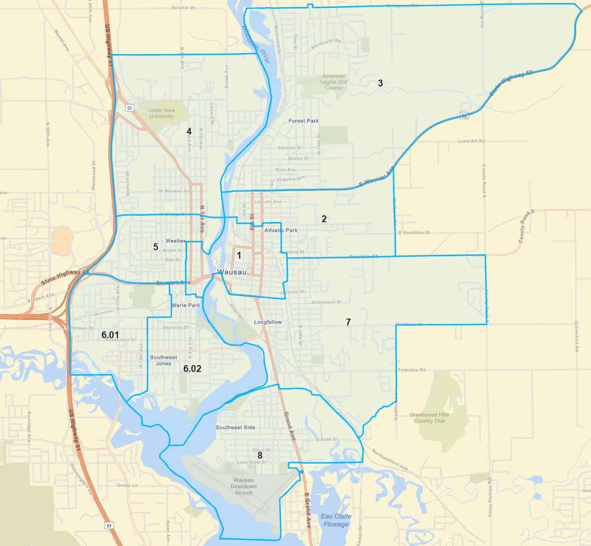 Map of Wausau city divided into eight numbered sections with major streets, parks, and landmarks like Upper Iowa University, Greenwood Hills Country Club, and Wausau Downtown Airport. census tract map. 